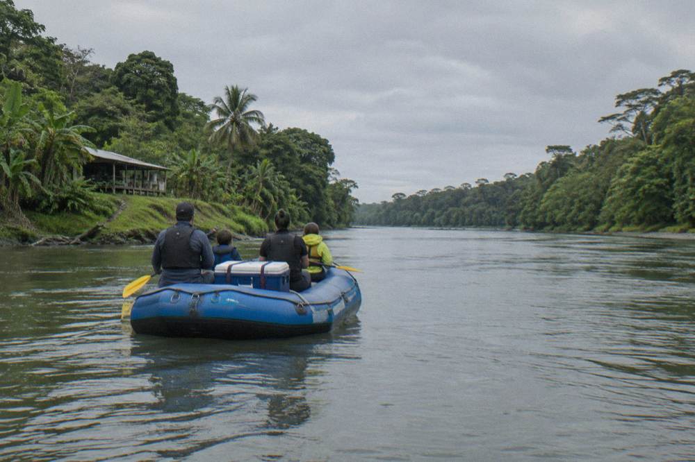 A family raft floating on wide calm water between green rainforest banks