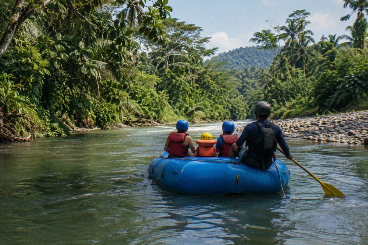 A raft drifting through calm green jungle water between dense rainforest banks