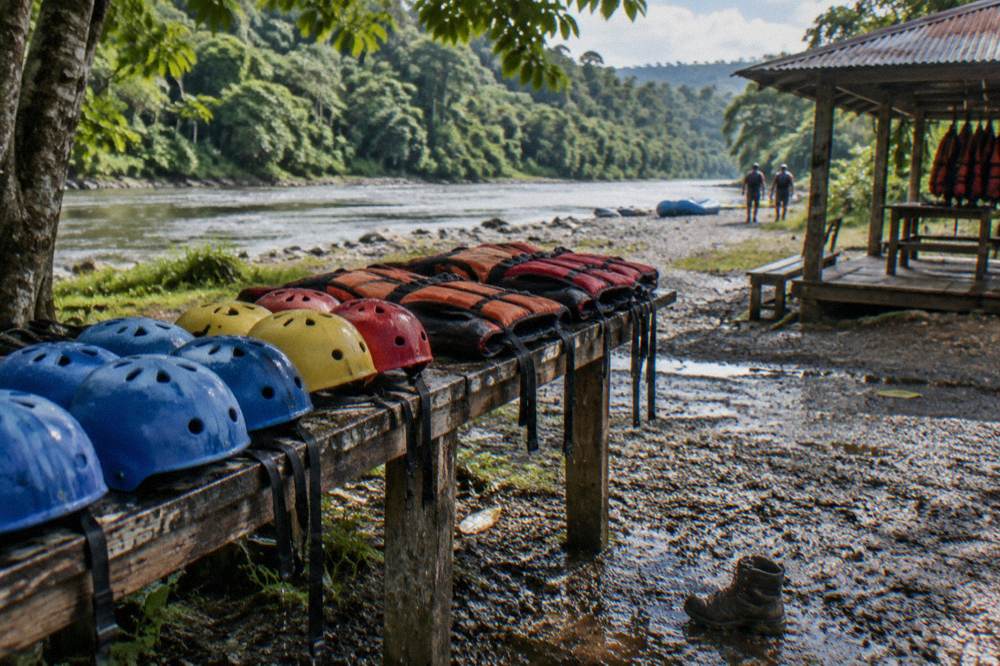 Rows of helmets and life jackets laid out on a riverside bench before a trip