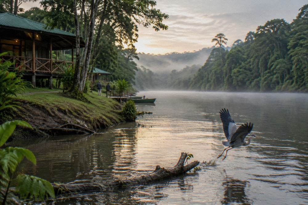 A wide green river flowing between rainforest walls with mist over the water