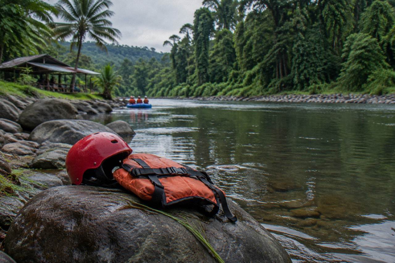 A rafting helmet and life jacket resting on a riverside rock beside calm green water