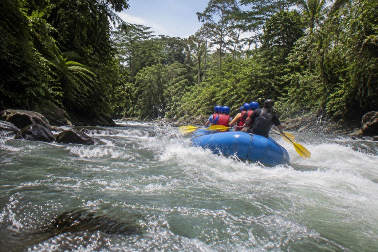Raft paddling through a green jungle rapid on a wide tropical river