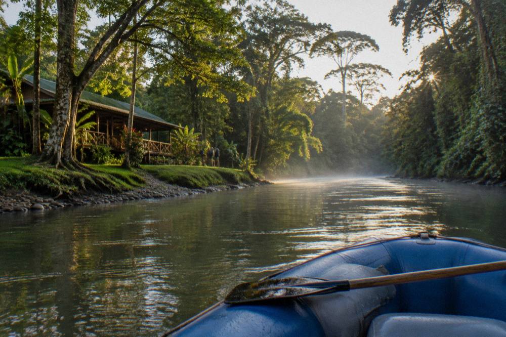 A raft floating through a calm jungle corridor with tall trees on both banks