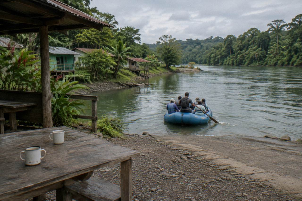 A raft floating through green jungle on a wide tropical river
