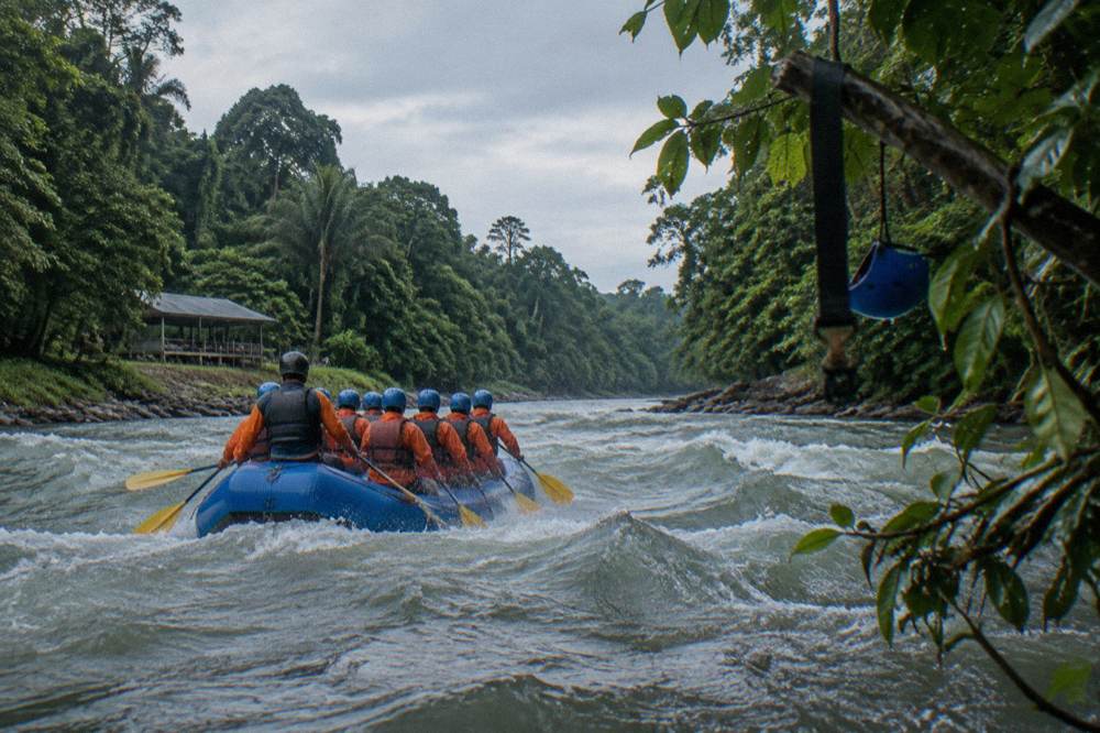 A raft crew paddling in unison through a wave train on a jungle river