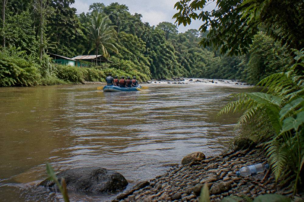A raft floating through a calm jungle stretch between rapids