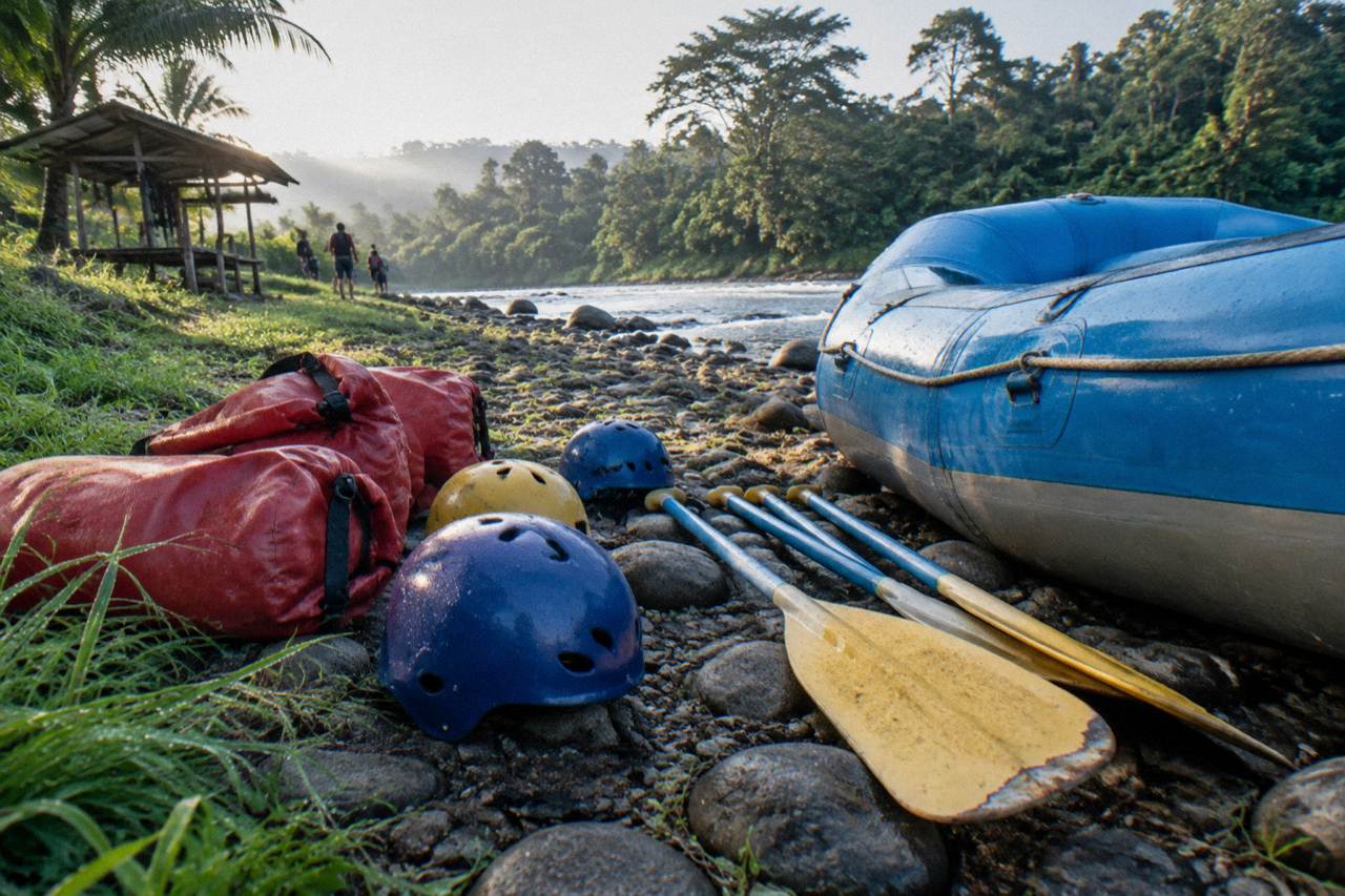 Rafting helmets, paddles and dry bags laid out on a riverbank next to a packed raft