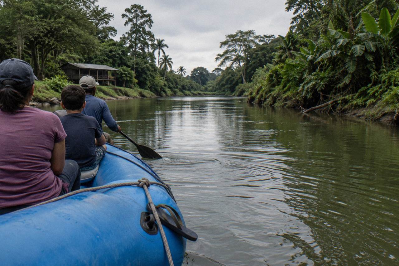 A raft floating along a calm jungle river channel between dense green rainforest banks