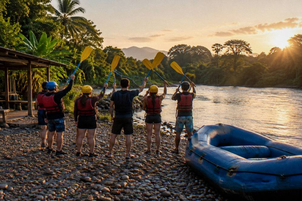 A rafting crew celebrating with raised paddles at the takeout on a jungle riverbank