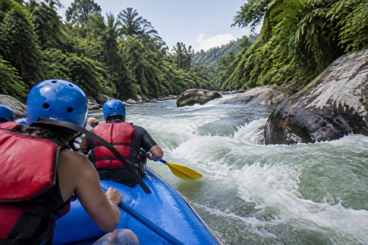 A raft cutting through a jungle rapids section on the Sarapiqui River