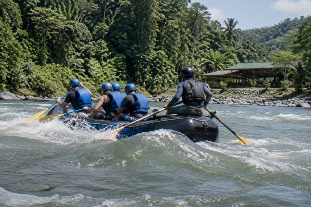 Four rafters paddling in unison through a small green wave while a guide at the rear calls instructions