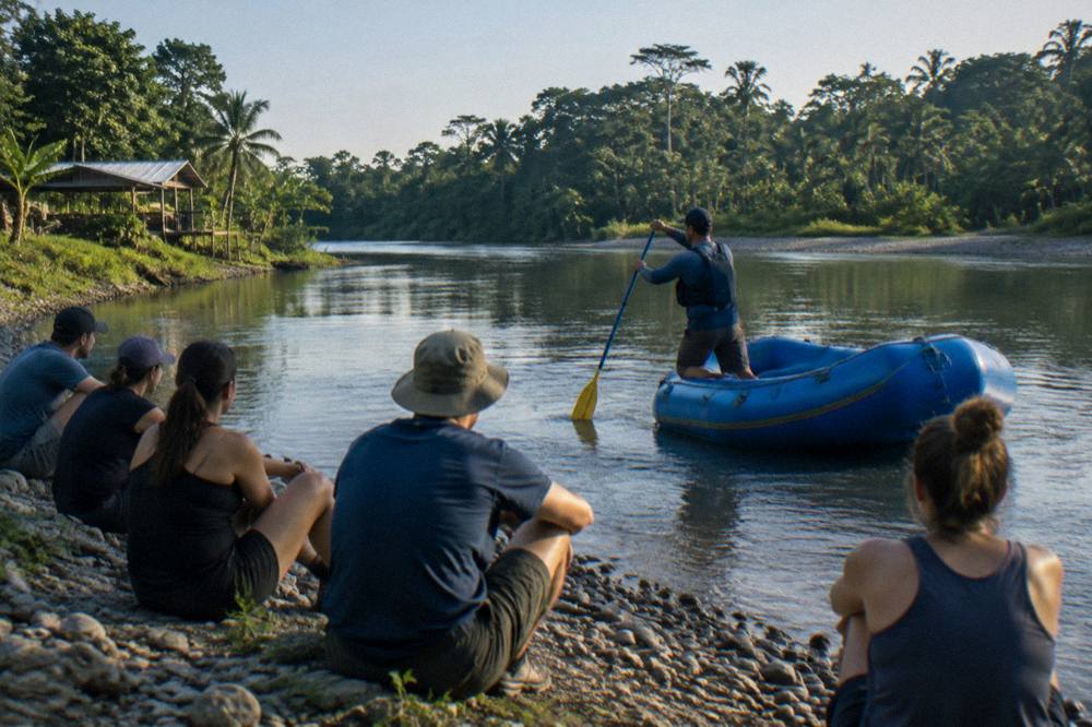 A rafting guide demonstrating paddle commands to a seated crew before launch at a jungle river put-in