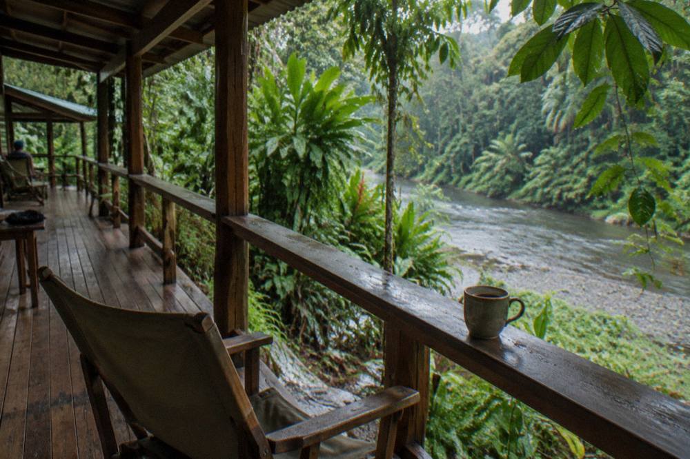 Wooden rainforest lodge porch overlooking dense green jungle