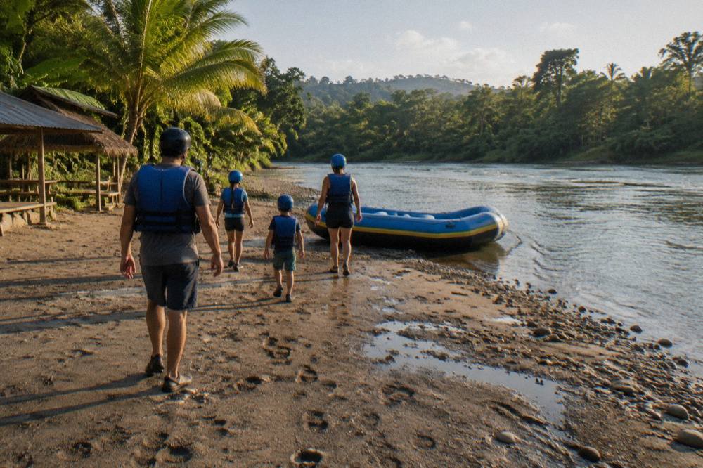 Family in life jackets and helmets walking toward a raft on a jungle river bank