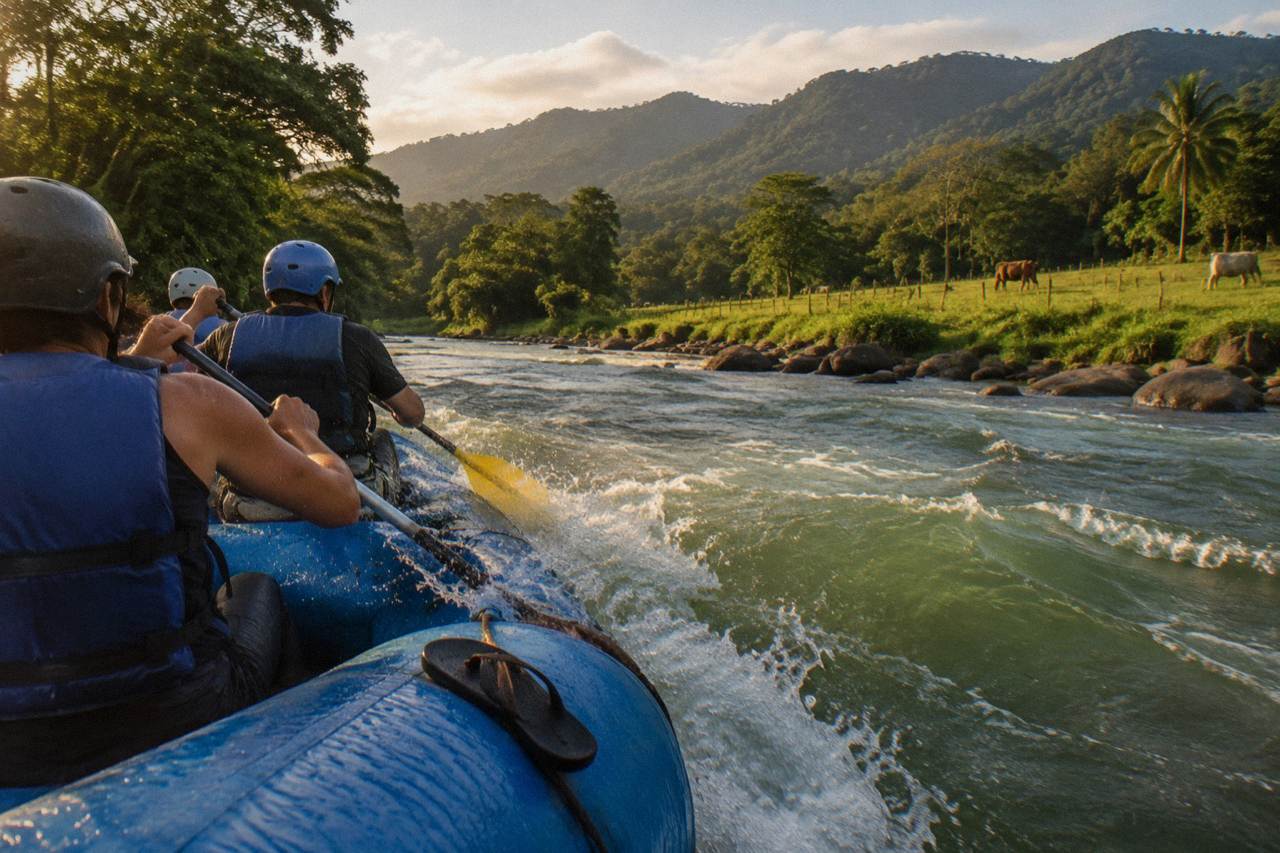 A raft cutting through a green jungle rapid on a wide tropical river
