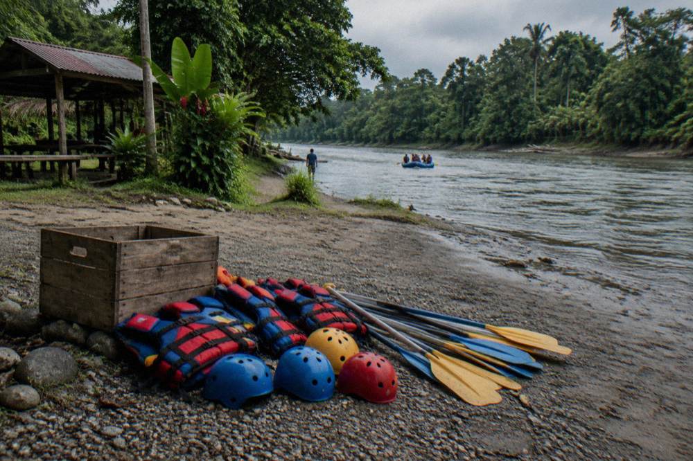 A pile of paddles, helmets and life jackets laid out on a riverbank