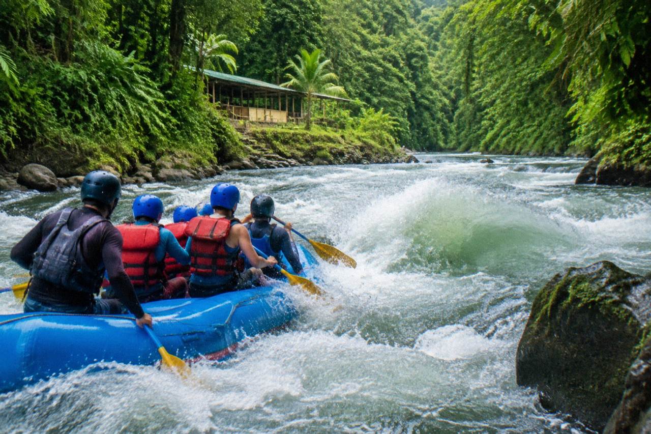 A raft cutting through a green jungle rapid on a wide tropical river
