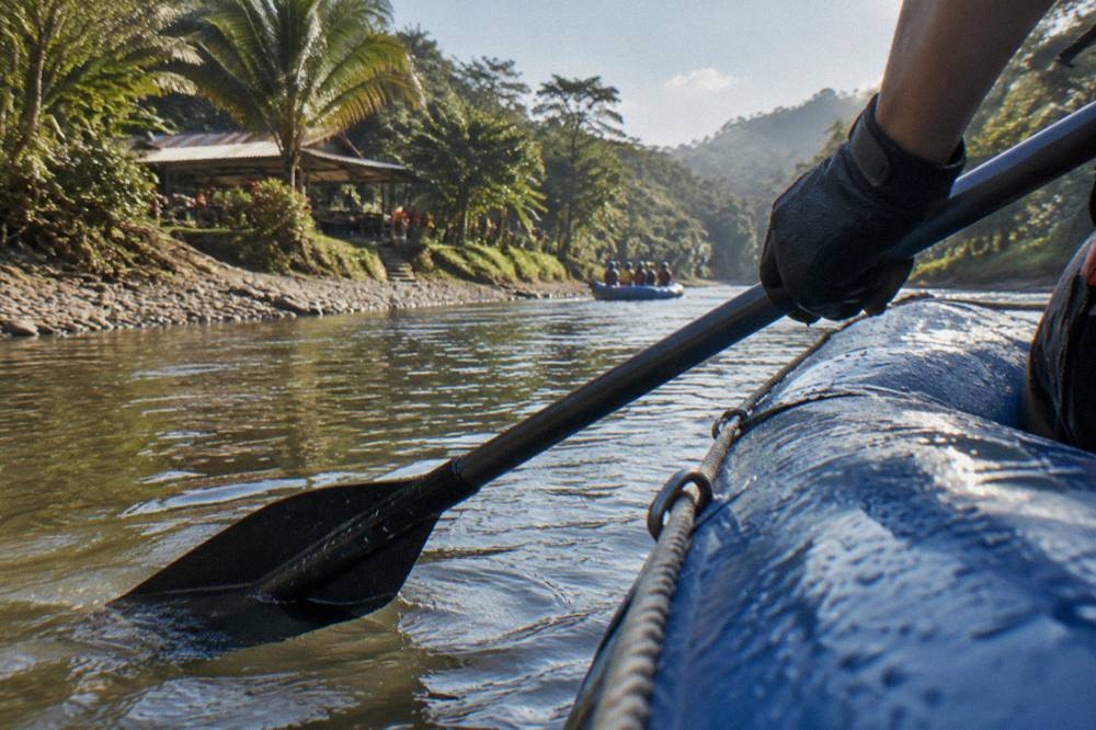 A paddler in helmet and life jacket holding a paddle in an inflatable raft