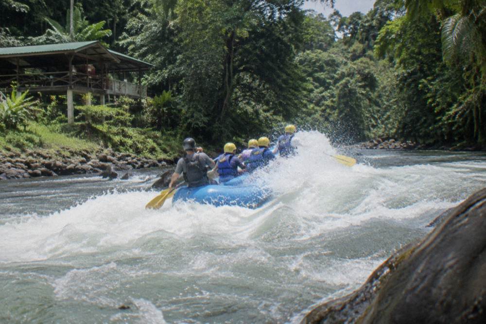 A raft dropping into a whitewater wave with jungle on both banks
