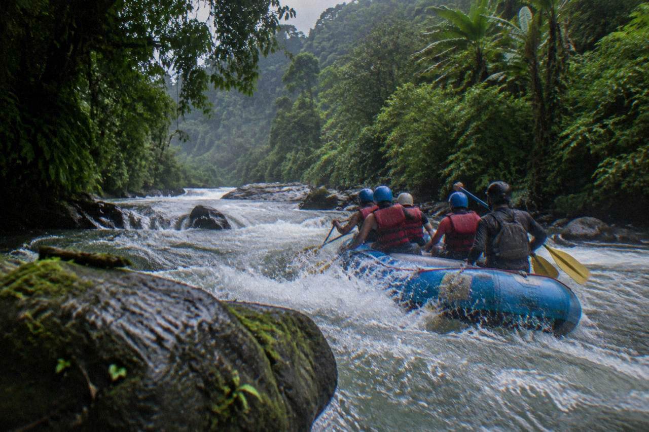 A raft cutting through a green jungle rapid on the Sarapiqui River