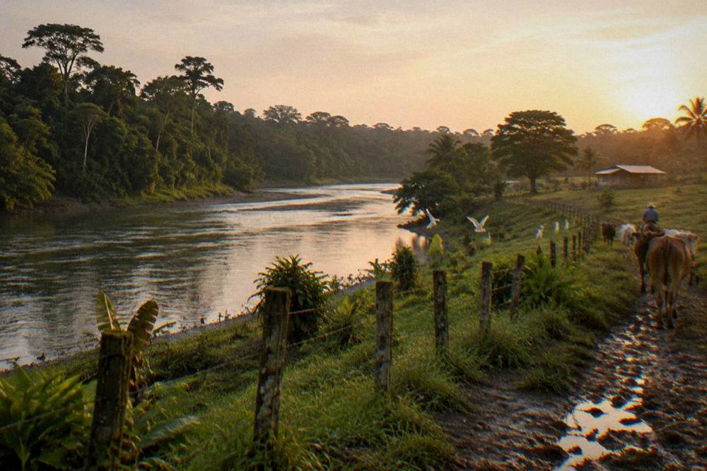 A wide tropical river curving through farmland and tall rainforest trees in soft evening light