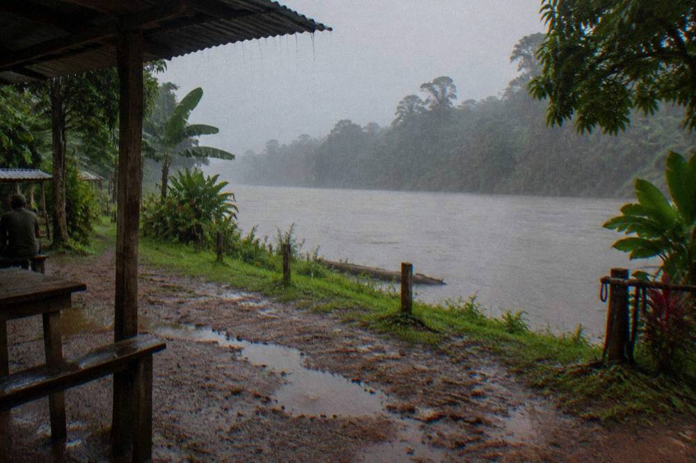 Heavy rain falling over a wide tropical river framed by jungle.