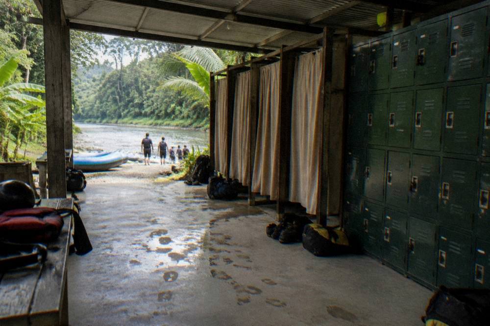 Lockers and changing rooms at an open-air riverside rafting base