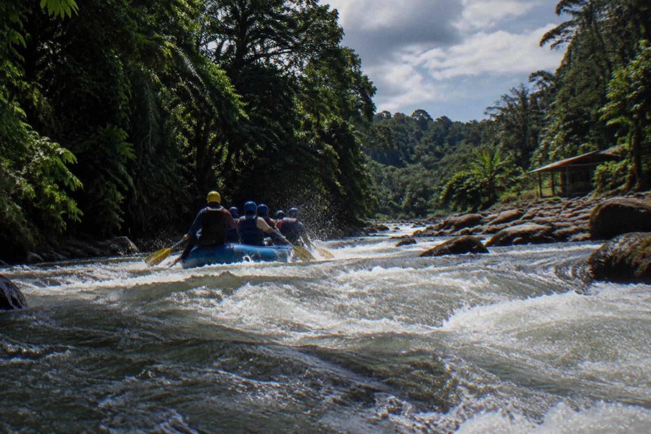 An inflatable raft cutting through a green jungle rapids section with paddle spray