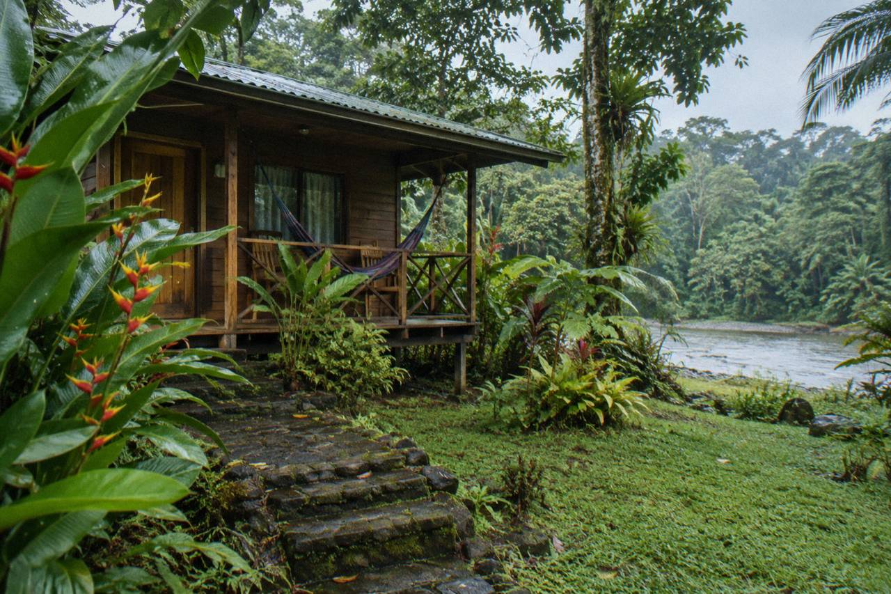 A wooden guest cabin on short stilts with a small porch and hammock in a lush tropical garden